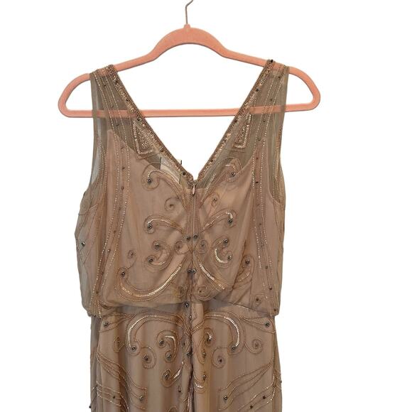 Adrianna Papell Night Bugeln Beaded Long Maxi Gown Dress In Champagne Gold 8 - Picture 8 of 14